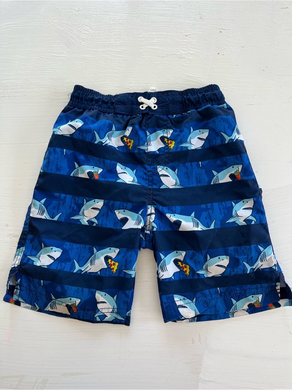 Navy Shark Print Boys Swim Shorts with Drawstring Waist